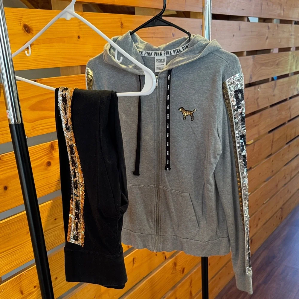 PINK Victoria's Secret Gray and Black Sequin Hoodie Set - Picture 2 of 4